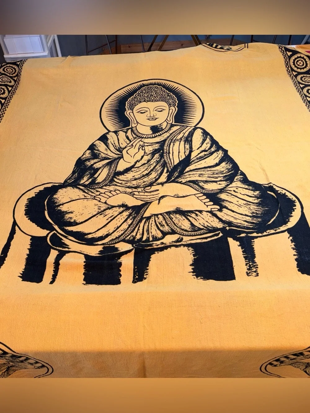 Buddha GOLD Black Cotton Tapestry BIG light Wt Blanket ART Wiccan 98x60” YOGA XL